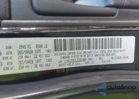 2018 Jeep Grand Cherokee Sterling Edition 4X2 from USA, damaged, VIN 1C4RJEBG3JC281464